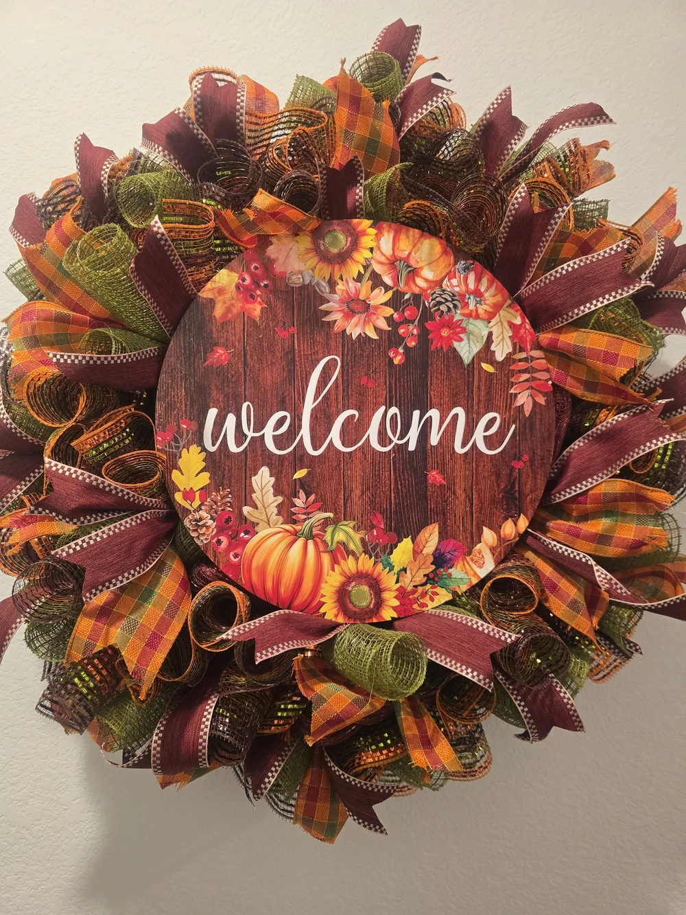 W148 Welcome Fall Wreath Handmade fall wreath featuring burgundy, orange